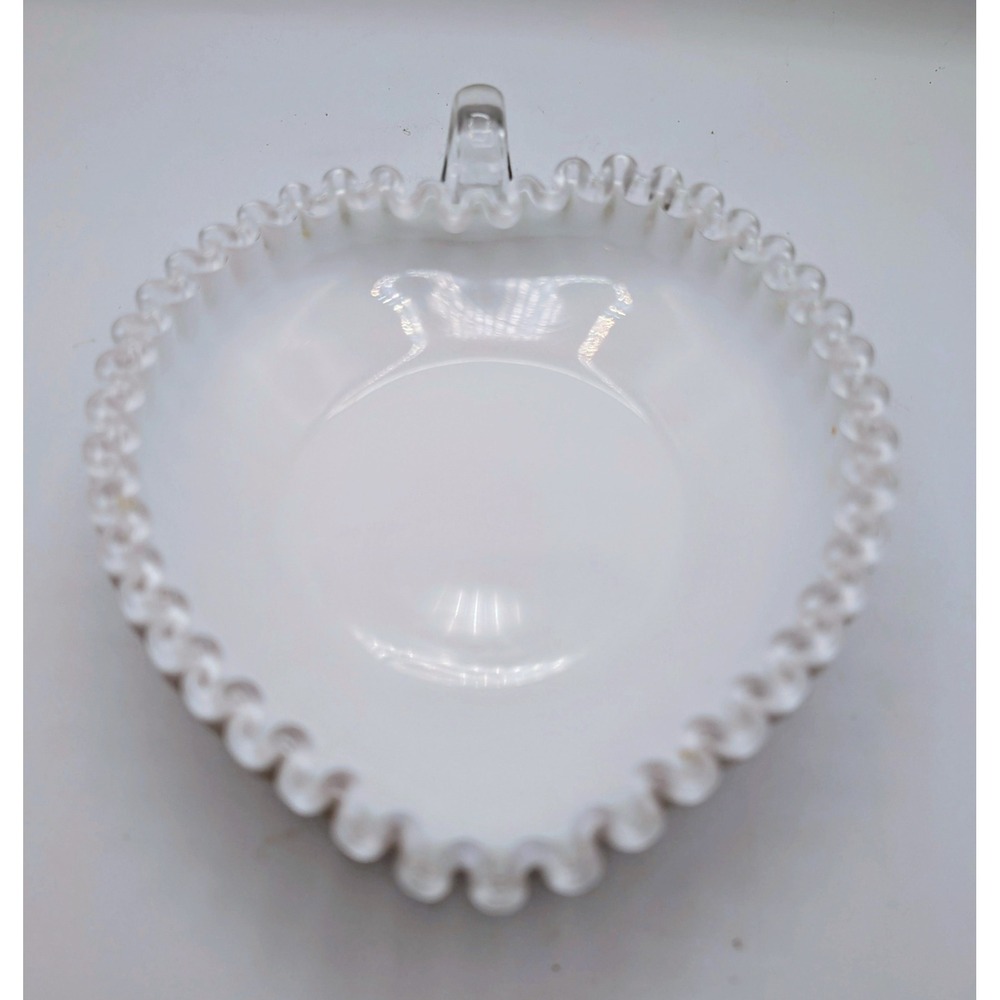 Fenton Milk Glass Heart Nappy Dish Silver Crest Ruffled Edge Vintage